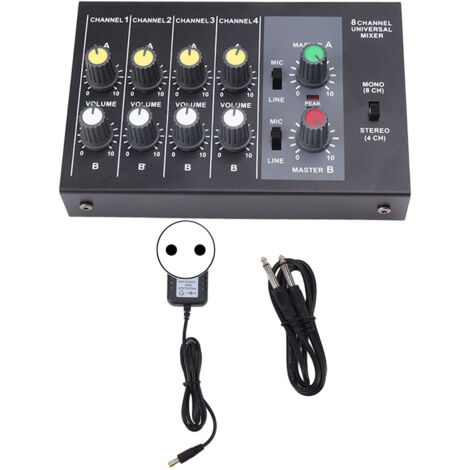 Mini mixer audio con 8 ingressi, 2 uscite, 4 canali stereo e 8 canali mono (mic/linea) per studio, palco, piccoli club e bar. Alimentazione 100-240 V (spina europea).