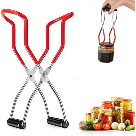 Pinza solleva-vasetti in vetro antiscottatura, in acciaio inox, rossa, antiscivolo, con manico, ideale per conserve e marmellate.