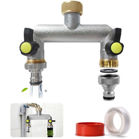 2-Wege-Verteiler Wasser 3/4 Zoll, Wasseranschlussverteiler mit Adapter 1/2, Wasserhahnverteiler, Wasserhahnverteiler mit Kugelventil, Gartenschlauchverteiler, Wasseranschlussadapter (1/5)