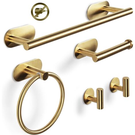 Set di 5 portasciugamani da bagno, con anello e gancio, in acciaio inox 304, autoadesivo (oro)