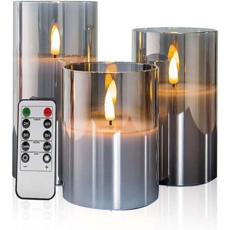 Set di 3 candele in vetro grigio senza fiamma, tremolanti, con telecomando, stoppino mobile, funzionamento a batteria, luce (1/4)