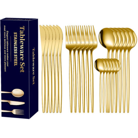 Set di posate placcate in oro per 6 persone, set di posate in acciaio inossidabile da 24 pezzi, inclusi coltelli, forchette, cucchiai, ecc.
