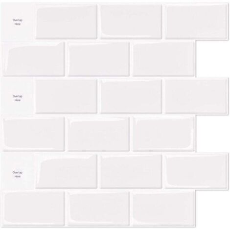 Pack de 10, carrelage autocollant blanc, crédence adhésive cuisine salle de bain, stickers muraux adhésifs 3D, 30x30 cm (1/4)