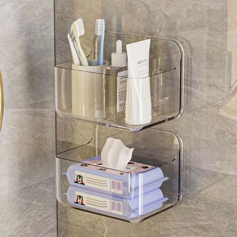 Mensola per doccia in 2 pezzi senza foratura, divisori per bagno, scaffale portaoggetti autoadesivo da parete, trasparente