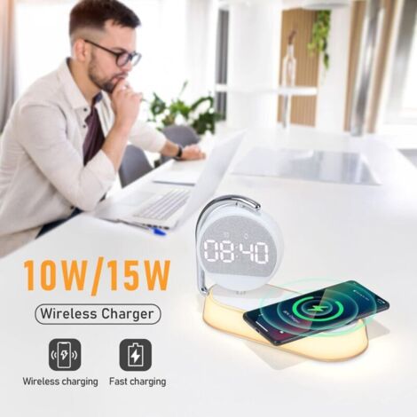 Qosigote Stazione di ricarica wireless 6 in 1, 15 W, orologio, sveglia con stazione di ricarica induttiva, sveglia, altoparlante Bluetooth e luce notturna, funzione dimmer a tre livelli, protezione Qosigote Stazione di ricarica wireless 6 in 1, 15 W, orologio, sveglia con stazione di ricarica induttiva, sveglia, altoparlante Bluetooth e luce notturna, funzione dimmer a tre livelli, protezione
