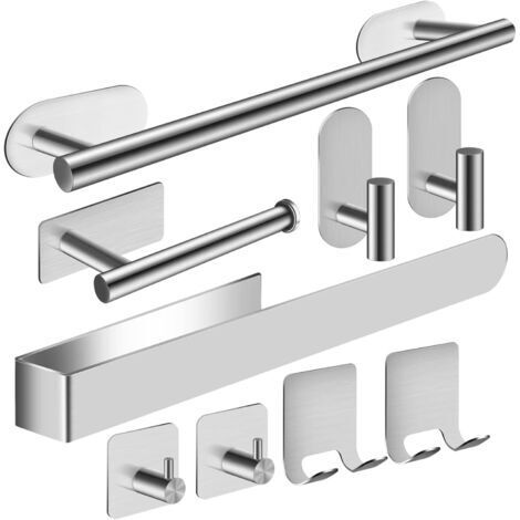 Set di 9 portasciugamani da bagno, accessori per il bagno di alta qualità in acciaio inossidabile 304 rinforzato, non richiedono forature, portasciugamani adesivi adatti per bagno/cucina, argento