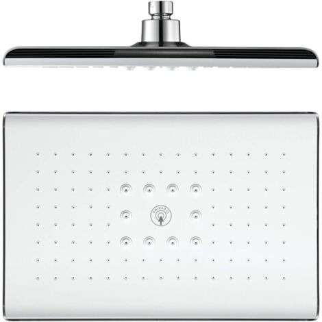 Soffione doccia rettangolare ad alta pressione, a risparmio idrico, fisso in ABS, attacco G1/2", bianco, design moderno. (1/4)