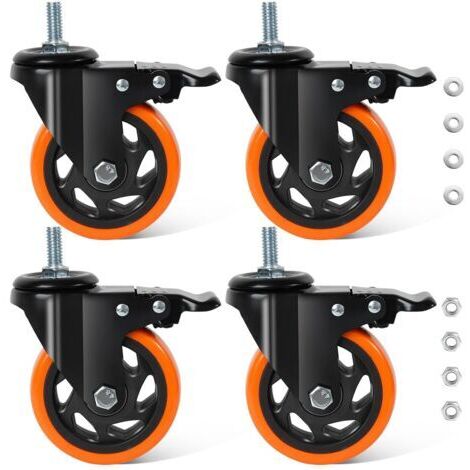 Ruote robuste da 100 mm, ruote per mobili M12 mm x 30 mm con freno, ruote girevoli per carichi pesanti da 550 kg per il trasporto di mobili, banchi da lavoro, carrelli portautensili, pallet (1/5)