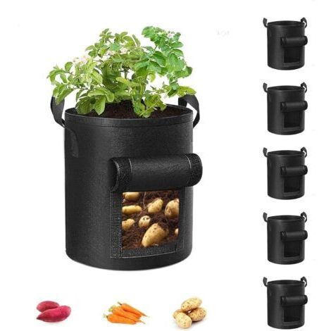 Set di 5 sacchi per la coltivazione, sacchi da giardino con manici rinforzati, vasi in tessuto non tessuto per pomodori, ortaggi e frutta, neri