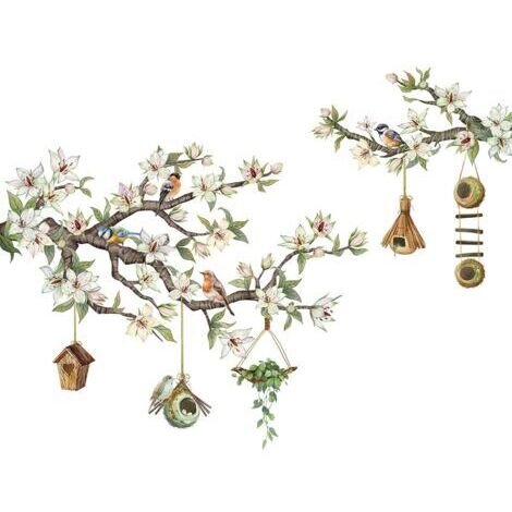 Adesivi murali con uccelli su rami d'albero e fiori, decorazioni per la casa per soggiorno, camera da letto, ornamento artistico multicolore, per finestre e pareti (1/5)