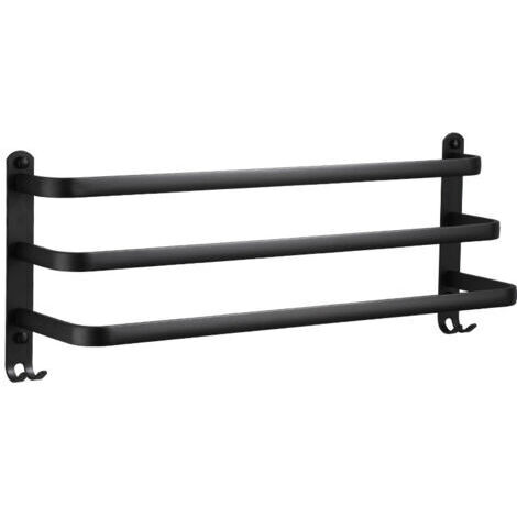 Portasciugamani da bagno nero da 40 cm, non richiede foratura, portasciugamani a parete con 2 ganci, barra portasciugamani in alluminio, portasciugamani da cucina a 3 livelli (1/5)