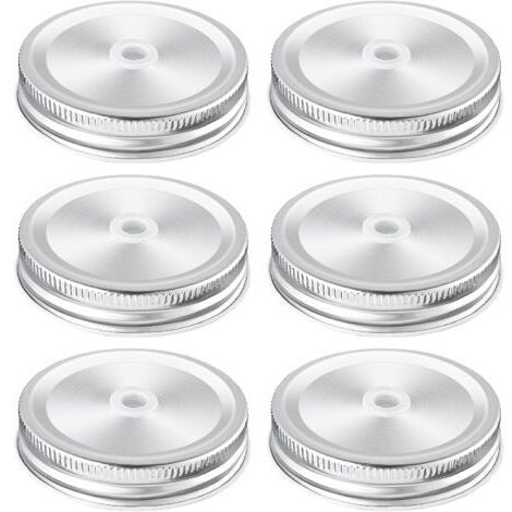 Set di 6 coperchi per barattoli Mason con foro per cannuccia - 70 mm, per barattoli con apertura standard, colore argento.