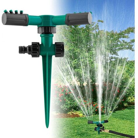 Irrigatore rotondo verde per prato, spruzzatore da giardino, irrigazione uniforme, sistema di irrigazione a 360 gradi, irrigatore rotante a 3 bracci.