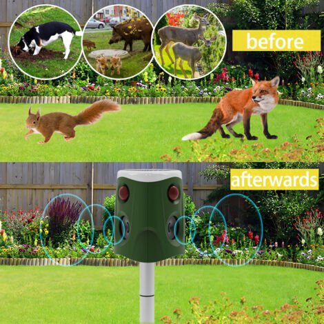 Dispositivo repellente per animali da esterno a 360°: altoparlanti e ultrasuoni per allontanare naturalmente cani, gatti, volpi e altri animali nocivi.-lsw (1/3)