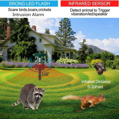 Repellente per animali a ultrasuoni con 4 altoparlanti ad alta potenza – Allontana cani, gatti, uccelli, roditori e parassiti – Alimentazione solare e di rete – Per uso interno ed esterno-lsw (1/4)
