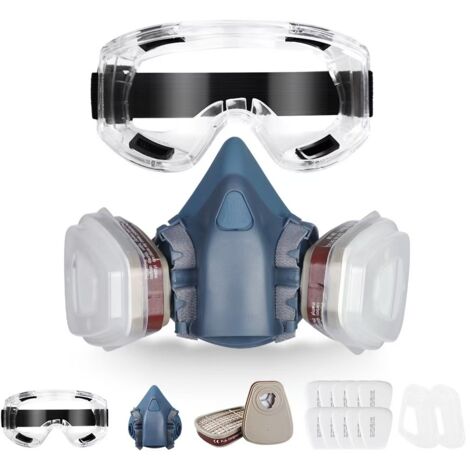 Maschera antipolluzione a mezza faccia per pittura, pesticidi, ristrutturazioni, formaldeide, industria chimica, antincendio e verniciatura a spruzzo – Filtri ad alta efficienza (10 unità) + occhiali