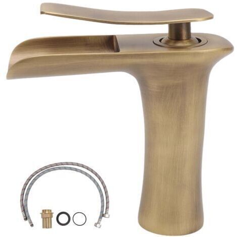 Rubinetto per lavabo da bagno, a cascata in ottone anticato, con beccuccio singolo, miscelatore sottolavello per acqua calda e fredda. (1/5)