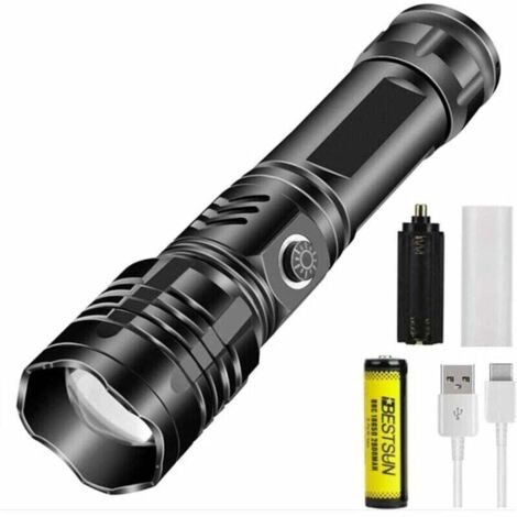 VURAHOME - XHP50 Potente torcia a LED, super luminosa da 10000 lumen, ricaricabile tramite USB, impermeabile, zoomabile, 5 modalità, torcia tattica con indicatore di carica, batteria inclusa per campe (1/5)