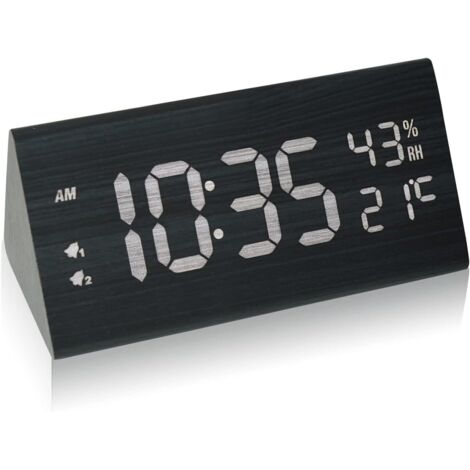 Horloge 1pcs Réveil numérique noir, réveil numérique en bois, réveil électronique alimenté par USB Réveil numérique Affichage de l'heure, de la température et de l'humidité (1/5)