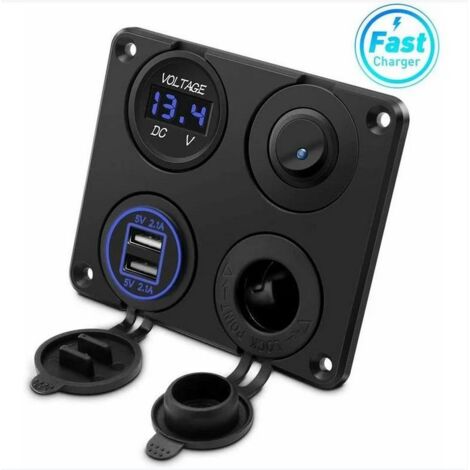 Prise allume-cigare, double port USB 4.2A, prise DC 12V, interrupteur et affichage LED Voltmètre Prise courant chargeur voiture étanche pour voiture 12V/24V, bateaux et marine, moto,camion,SUV, UTV (1/5)