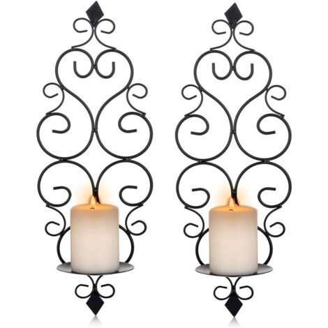 Lot de 2 Bougeoirs Photophore Chandelier Porte Bougie Mural Murale Muraux en Métal, Bougeoir pour Mur Chambre Salle de Bains Salon Decoration, Noir, 1438cm (1/5)