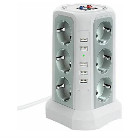 Tour multiprise parafoudre et surtension, Multiprise Electrique avec 5 Ports USB et 12 Prises, multiprise avec et 3 Interrupteurs, Blanc (1/4)