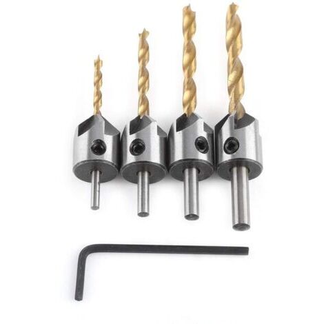 Chanfrein, Jeu de Forets à Chanfreiner Alésoir de Menuiserie, Countersink Mèche Foret avec Clé Hexagonale(4pcs,3-6mm) (1/3)