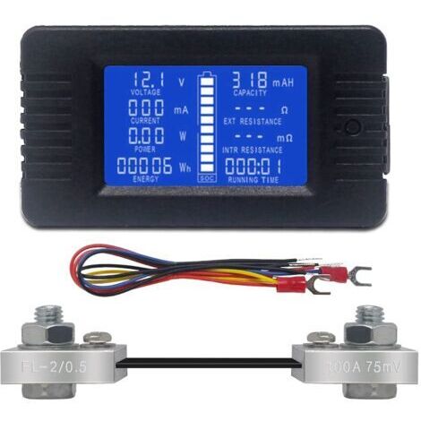 Compteur de batterie DC Voltmètre Ampèremètre Énergie Moniteur d'énergie LCD Multimètre Numérique Tension Courant Cap Ohm Heure SOC Compteur LCD DC 0-200V 100A Shunt (1/5)