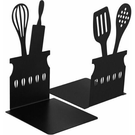 Serre-livres de cuisine noir Cuillère Livre de cuisine décoratif Serre-livres en métal avec tapis antidérapant Stockage de livres de cuisine en métal Bouchons de livres Support de livre de cuisine en (1/5)