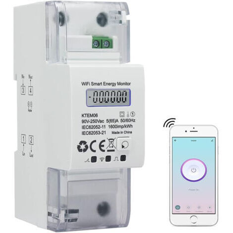 WiFi Compteur d'Énergie Monophasé Rail Din Compteur électrique Numérique AC 5(65) A 90-250V Wattmetre Consommation Electrique Mètre Watt KWh Smart Single Phase Energy Meter (1/5)