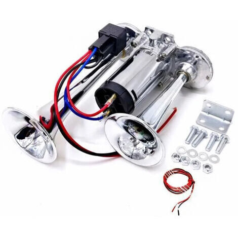Klaxon 12V klaxon a air Double tube Argent klaxonélectrique de voiture Klaxon160DB Zinc Chromé Avec moteur de pompe à air