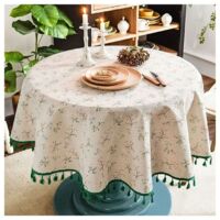 Nappe Ronde Lin Coton imprimé Fleuri, Nappe Table Ronde à Franges Lavable, Petite Nappe Ronde Anti Tache 150cm Round Tablecloth (Beige)