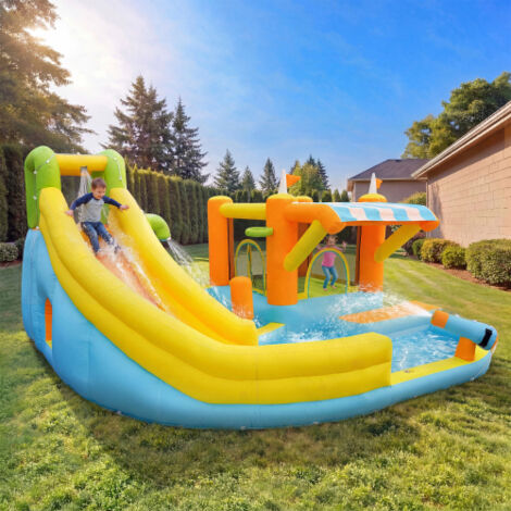 Château Gonflable Aquatique Géant 433x375x165 Cm – Toboggan, Piscine, Pistolets à Eau, Basket, Trampoline, Escalade – Avec Gonfleur 450W – Pour 3-10 Ans, Max 4 Enfants