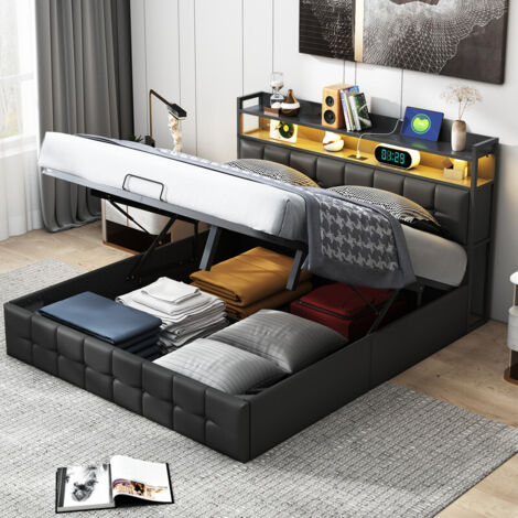 lit coffre 160x200, lit 160x200, lit adulte avec recharge USB, Lit capitonné, tète de lit de rangement éclairée LED réglable, lit rembourré, sommier à lattes enbois massif, PU,Noir (1/5)