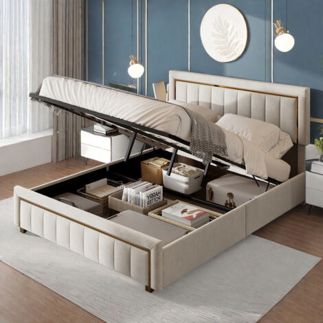 Lit coffre 140x200cm, Lit double rembourré avec sommier à lattes, Lit hydraulique avec rangement sous Lit, lit adulte capitonné tissu en velours, tête de lit à rayures, sans Matelas, Beige (1/5)