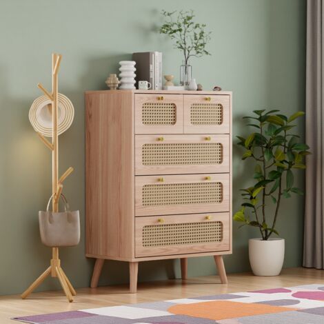 Commode en Rotin avec 5 Tiroirs 60 x 34 x 91 cm, Armoire à Rangement en Rotin Cannage, Commode avec tiroirs en Rotin pour Chambre, Salon, Bureau (1/5)