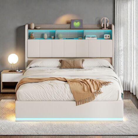 Lit Coffre LED 140x200 cm, Lit Rembourré Coffre avec Tête de Lits Capitonné et Rangement, Lit Double avec USB et Lumière LED pour Adultes et Adolescents, Blanc (1/5)
