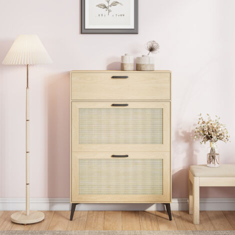 Rotin Meuble à Chaussures à 3 Niveaux 80cm, Armoire à Chaussures avec 3 portes en bois pour entrée, Range-Chaussures Minces,avec poignées et pieds dorés, pour jusqu'à 15 paires de chaussures - Blanc (1/5)