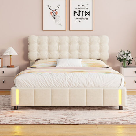 Lits Capitonné 160x200 cm avec Tête de Lit Moderne, Lit Coffre avec LED et Système Hydraulique, Lit Fonctionnel 160x200 cm avec Sommier à Lattes en Bois, Beige Velours (1/5)
