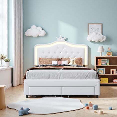 Lit Couronne Fille 140x200 cm, Lit Enfant 140x200 cm avec tiroir de Rangement et Lampes LED, Tête de lit Réglable en Forme de Couronne, Lit Fille PU, sans Matelas, Blanc (1/5)