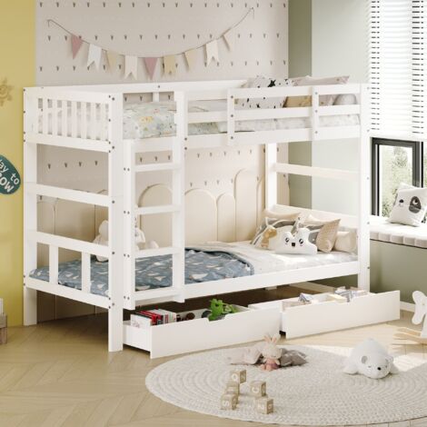 Lit superposé enfant 90x200 cm,2 tiroirs,lit mezzanine pour 2 enfants,2 lits simples,cadre de lit en bois massif,Sommier,blanc