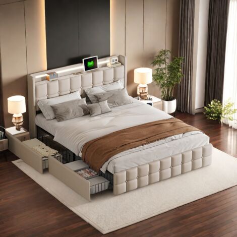 lit 180x200 avec tiroir, lit adulte avec led et 4 tiroirs,lit capitonné, lit rembourré lin,lit 2 places avec tiroir avec chargement USB, sommier à lattes, beige (1/5)