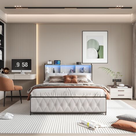 Lit Capitonné 160x200 cm avec 4 tiroirs de rangement,Capitonné,cloisons ouvertes, sommier à lattes,éclairage LED orientable,USB,velours,Beige (1/5)