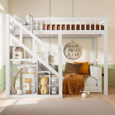 Lit Double Mezzanine 140 x 200 cm, Lit Enfant, Lit Superposés avec Escalier de Rangement, Bois Massif, Sommier à Lattes, Barrière de Sécurité, Blanc