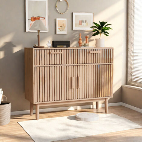 Buffet en bois massif, 100 x35 x 80 cm, 2 portes et 2 tiroirs rangement optimisé, pour la salle à manger, salon, cuisine, couleur naturelle