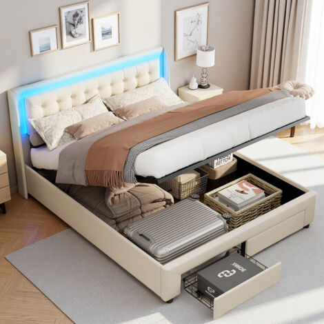 lit coffre 140x190cm, lit hydraulique, lit double avec 2 tiroirs, tête de lit capitonné avec port USB et LED, sommier à lattes, velours, beige (1/5)