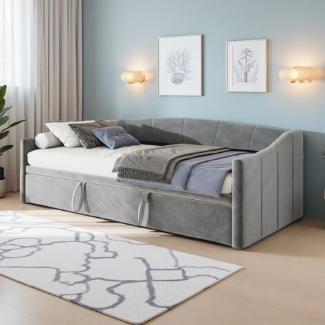 canapé lit 90/180 x 200 cm, lit gigogne extensible avec dossier et accoudoirs, sommier à lattes en bois, pour adolescents et invités, velours, gris