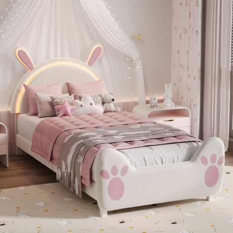 BLANKETSWARM - Lit enfant fille 90x200 cm, lit princesse fille avec tête de lit design lapin doux, lit simple avec LED - Velours - 90x200 cm, Beige