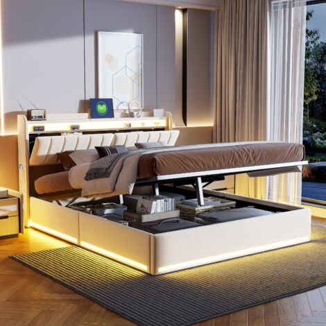 Lit coffre 140x200 cm,tête de lit rabattable rangement,rangement hydraulique,sommier à lattes,lit coffre, lit d'appoint,lit ado,tissu velours,LED,USB,Beige (1/5)