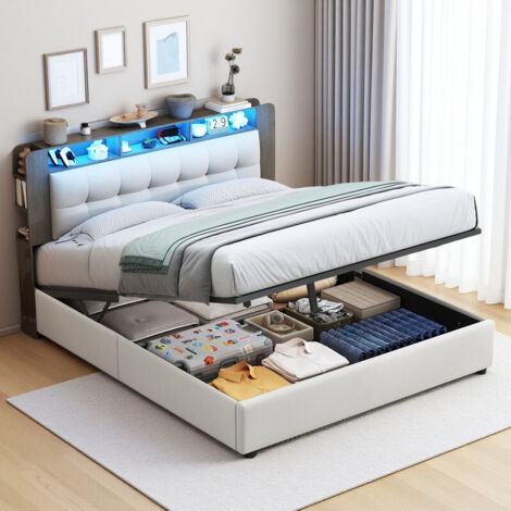 lit coffre 160x200 avec système hydraulique, lit double 160x200 avec LED et USB, tête de lit en bois et rangement, sommier à lattes, velours, beige (1/5)